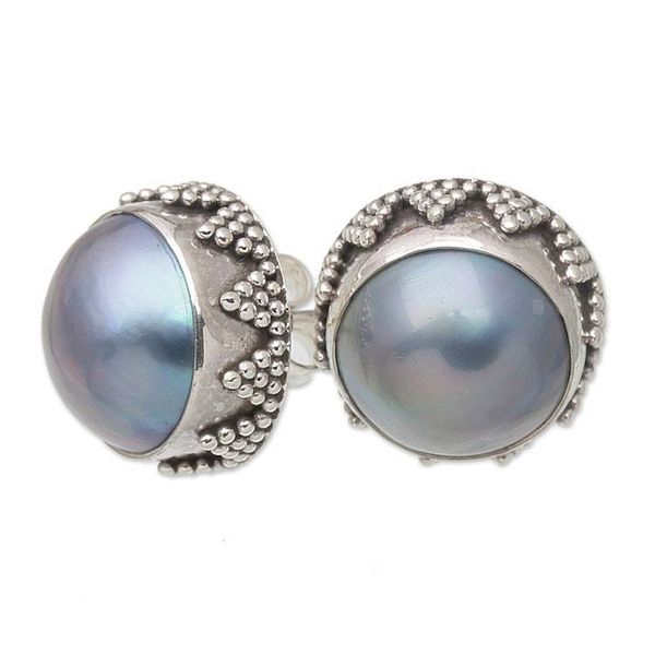 Alternate image for Geometric Sterling Silver Button Earrings with Blue Pearls Blue Pearl Treasure