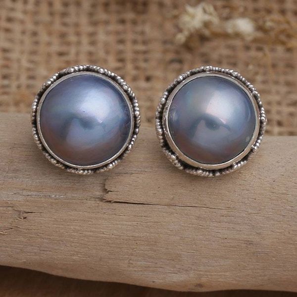 Alternate image for Geometric Sterling Silver Button Earrings with Blue Pearls Blue Pearl Treasure