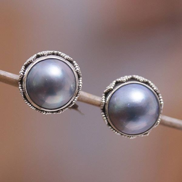 Alternate image for Geometric Sterling Silver Button Earrings with Blue Pearls Blue Pearl Treasure