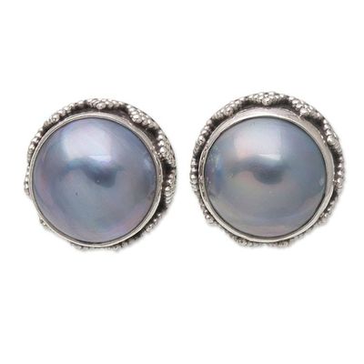 Alternate image for Geometric Sterling Silver Button Earrings with Blue Pearls Blue Pearl Treasure