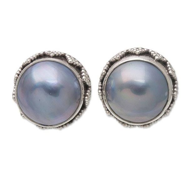Alternate image for Geometric Sterling Silver Button Earrings with Blue Pearls Blue Pearl Treasure
