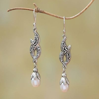 Primary image for Cultured Pearl and Sterling Silver Dangle Earrings from Bali Double Tendrils
