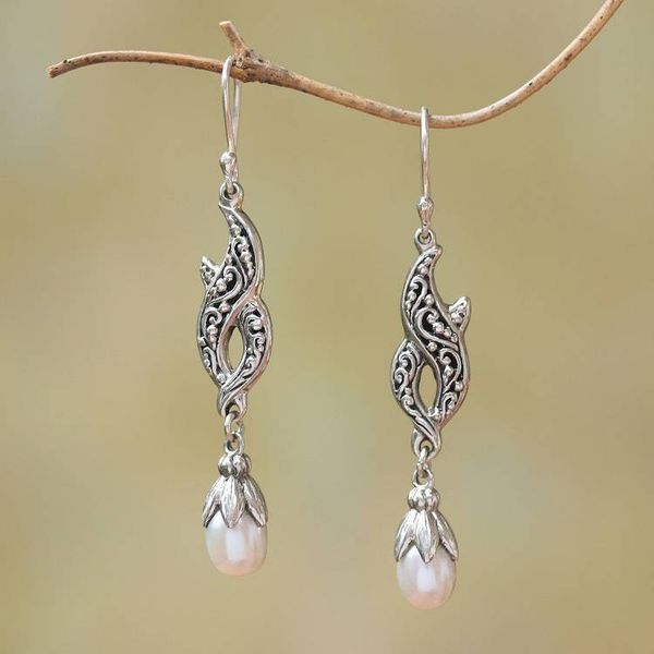 Alternate image for Cultured Pearl and Sterling Silver Dangle Earrings from Bali Double Tendrils