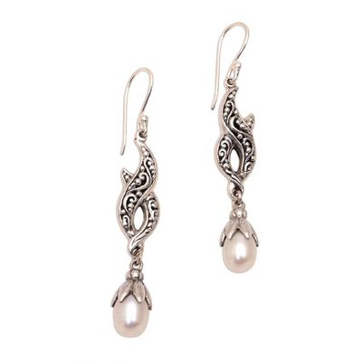 Alternate image for Cultured Pearl and Sterling Silver Dangle Earrings from Bali Double Tendrils