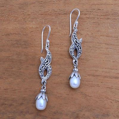 Alternate image for Cultured Pearl and Sterling Silver Dangle Earrings from Bali Double Tendrils