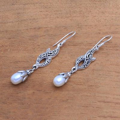 Alternate image for Cultured Pearl and Sterling Silver Dangle Earrings from Bali Double Tendrils