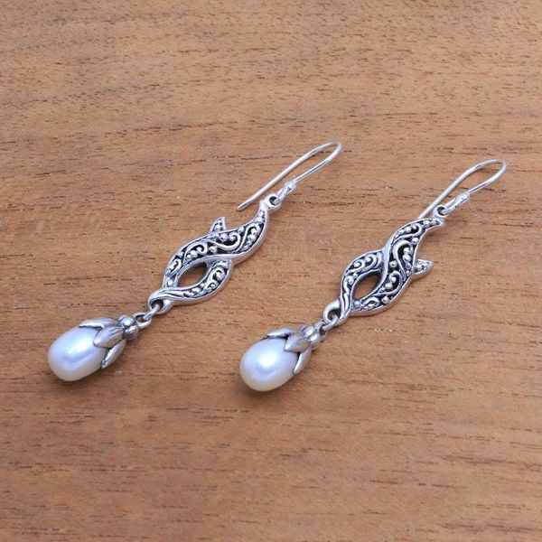 Alternate image for Cultured Pearl and Sterling Silver Dangle Earrings from Bali Double Tendrils