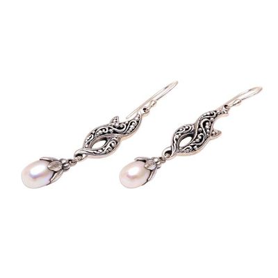 Alternate image for Cultured Pearl and Sterling Silver Dangle Earrings from Bali Double Tendrils