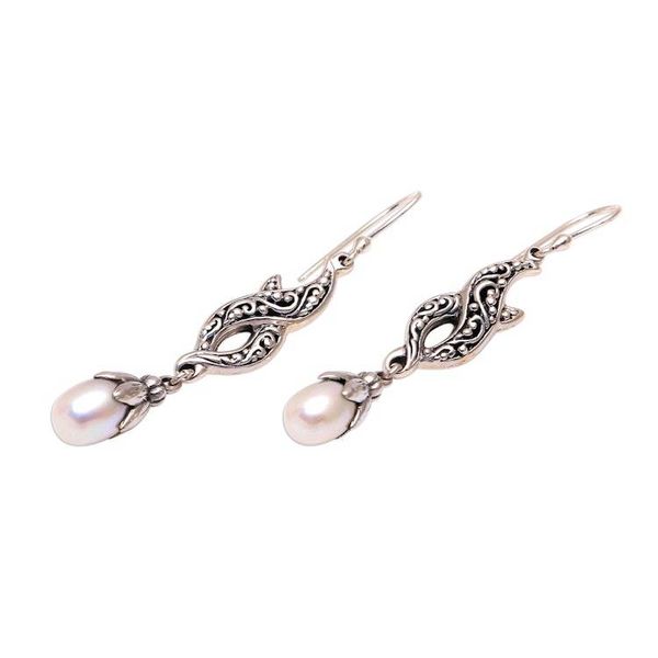 Alternate image for Cultured Pearl and Sterling Silver Dangle Earrings from Bali Double Tendrils