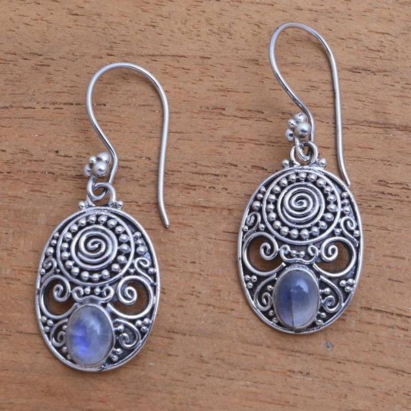 Alternate image for Handcrafted Rainbow Moonstone Dangle Earrings from Bali Shield of the Gods