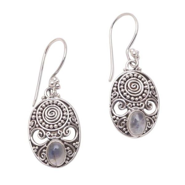 Alternate image for Handcrafted Rainbow Moonstone Dangle Earrings from Bali Shield of the Gods