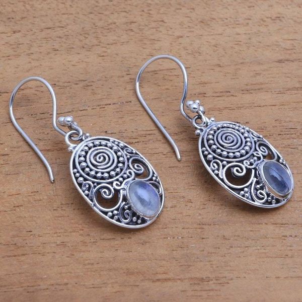 Alternate image for Handcrafted Rainbow Moonstone Dangle Earrings from Bali Shield of the Gods
