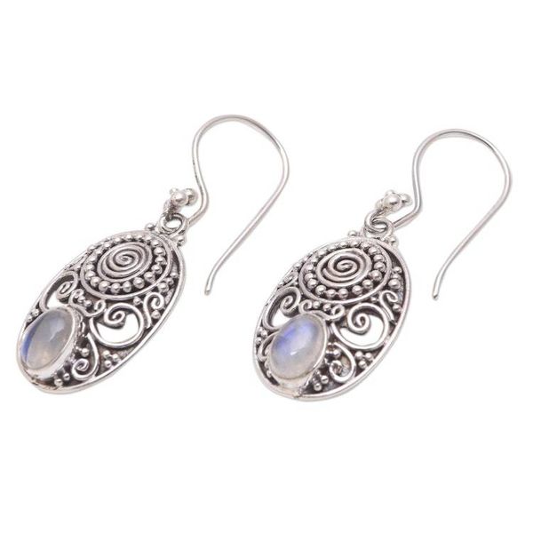 Alternate image for Handcrafted Rainbow Moonstone Dangle Earrings from Bali Shield of the Gods