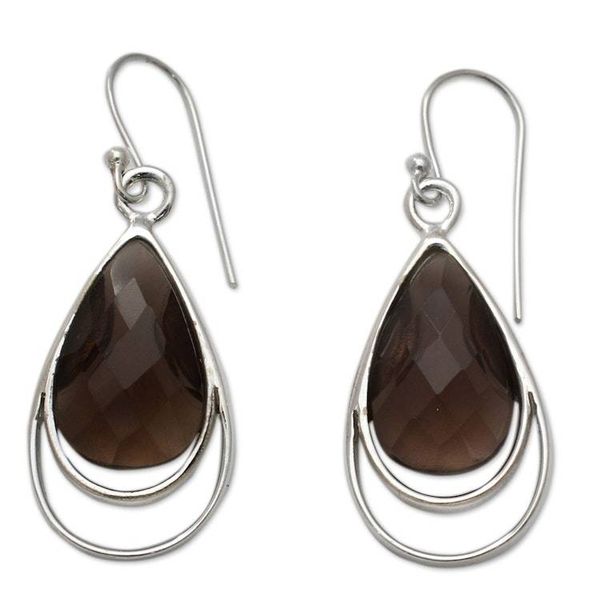 Alternate image for Faceted Smoky Quartz Earrings Handmade in India Delhi Glam