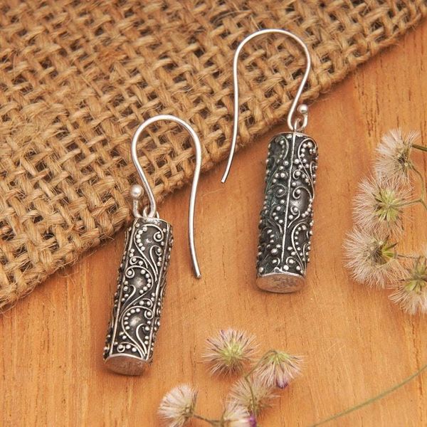 Alternate image for Traditional Cylindrical Sterling Silver Dangle Earrings Balinese Pillars