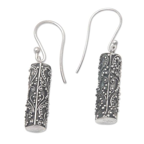 Alternate image for Traditional Cylindrical Sterling Silver Dangle Earrings Balinese Pillars