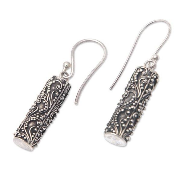 Alternate image for Traditional Cylindrical Sterling Silver Dangle Earrings Balinese Pillars