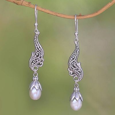 Alternate image for Cultured Pearl and Sterling Silver Scrolls Dangle Earrings Elegant Tendrils