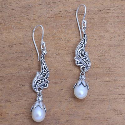 Alternate image for Cultured Pearl and Sterling Silver Scrolls Dangle Earrings Elegant Tendrils