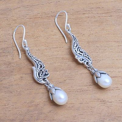 Alternate image for Cultured Pearl and Sterling Silver Scrolls Dangle Earrings Elegant Tendrils