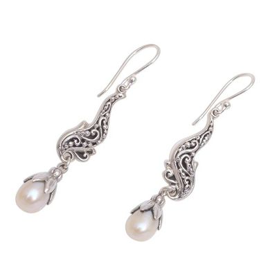 Alternate image for Cultured Pearl and Sterling Silver Scrolls Dangle Earrings Elegant Tendrils