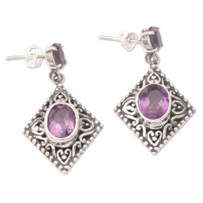Alternate image for Faceted Two-Carat Amethyst Dangle Earrings Diamond-Shaped Purple Nobility