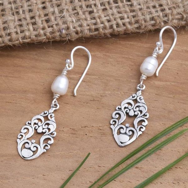 Alternate image for Artisan Made Cultured Freshwater Pearl Dangle Earrings Balinese Rain