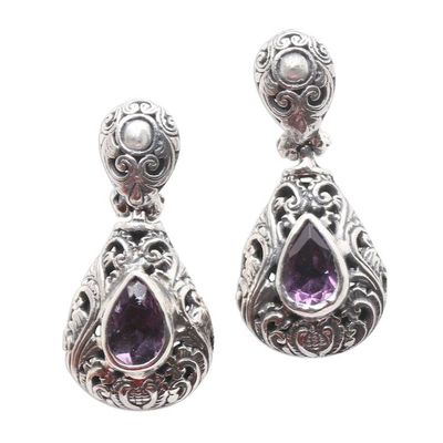 Primary image for Artisan Made Amethyst and Sterling Silver Dangle Earrings Purple Pear