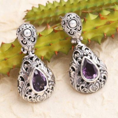Alternate image for Artisan Made Amethyst and Sterling Silver Dangle Earrings Purple Pear