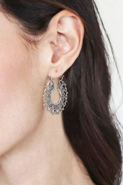 Alternate image for Balinese Spring-Themed Floral Sterling Silver Hoop Earrings Spirit of Spring