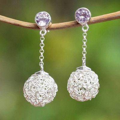 Primary image for Modern Sterling Silver Dangle Earrings with Amethyst Gems Purple Nesting Ball