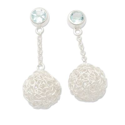 Alternate image for Modern Sterling Silver Dangle Earrings with Blue Topaz Gems Blue Nesting Ball