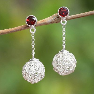 Primary image for Modern Sterling Silver Dangle Earrings with Garnet Stones Nesting Ball