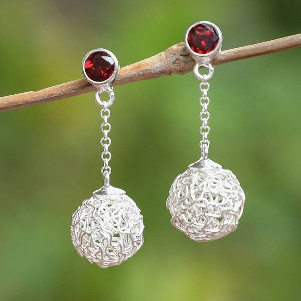 Alternate image for Modern Sterling Silver Dangle Earrings with Garnet Stones Nesting Ball