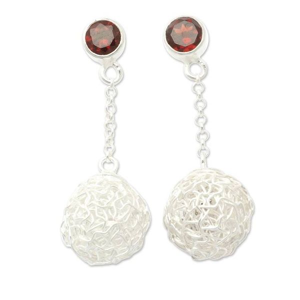 Alternate image for Modern Sterling Silver Dangle Earrings with Garnet Stones Nesting Ball
