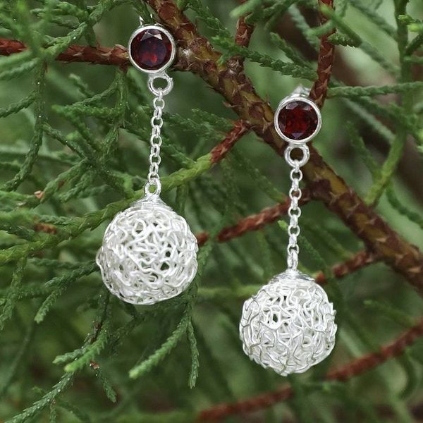 Alternate image for Modern Sterling Silver Dangle Earrings with Garnet Stones Nesting Ball