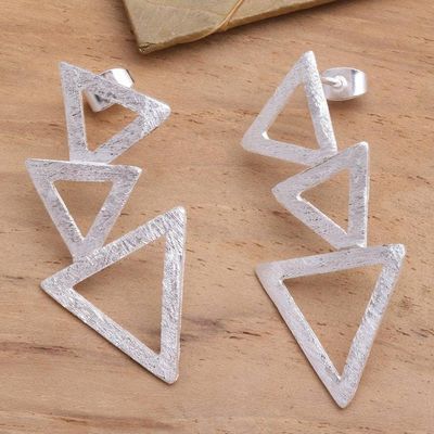 Primary image for Sterling Silver Triangle Modern Drop Earrings Tumbling Triangles
