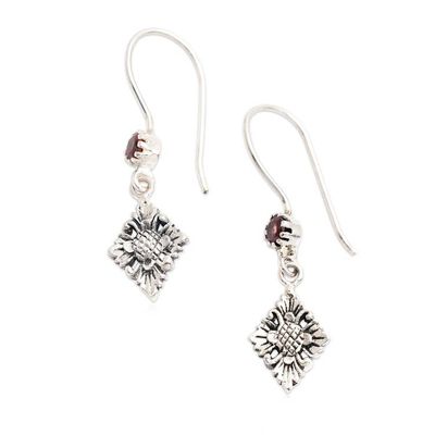 Alternate image for Floral Silver Dangle Earrings with Faceted Garnet Gemstones Holy Flowers