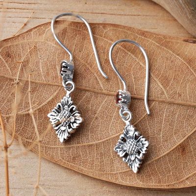 Alternate image for Floral Silver Dangle Earrings with Faceted Garnet Gemstones Holy Flowers