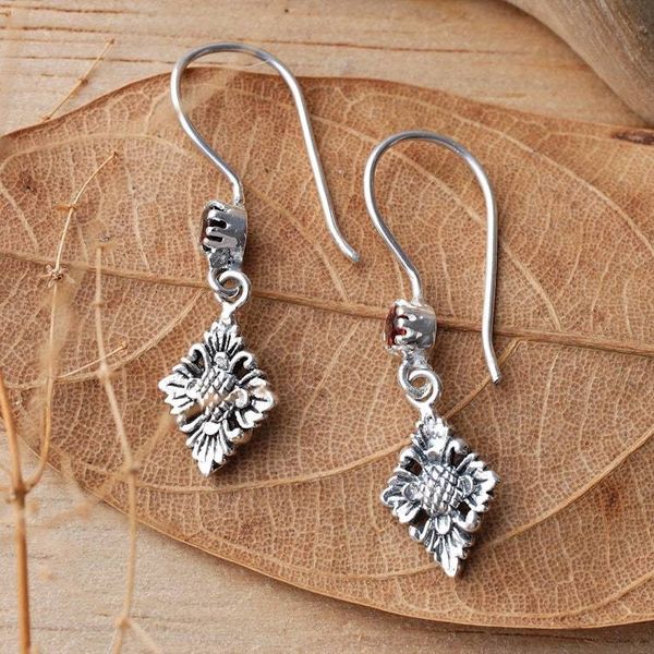 Alternate image for Floral Silver Dangle Earrings with Faceted Garnet Gemstones Holy Flowers