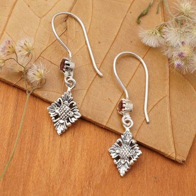 Alternate image for Floral Silver Dangle Earrings with Faceted Garnet Gemstones Holy Flowers