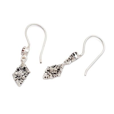 Alternate image for Floral Silver Dangle Earrings with Faceted Garnet Gemstones Holy Flowers