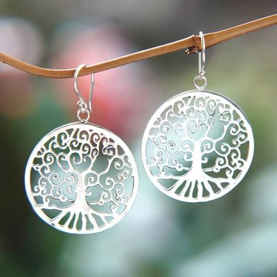 Alternate image for Polished Round Tree-Themed Sterling Silver Dangle Earrings Glowing Naturally