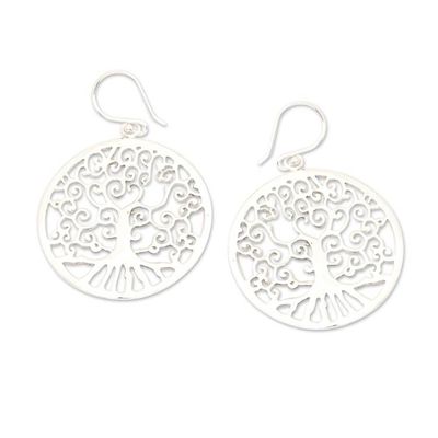 Alternate image for Polished Round Tree-Themed Sterling Silver Dangle Earrings Glowing Naturally