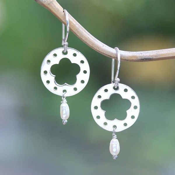 Alternate image for Floral Round Cultured Pearl Dangle Earrings from Bali Celestial Frangipani