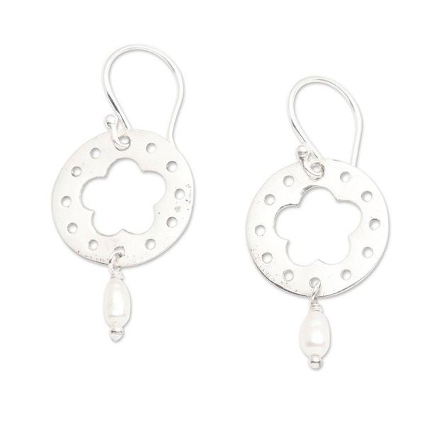Alternate image for Floral Round Cultured Pearl Dangle Earrings from Bali Celestial Frangipani