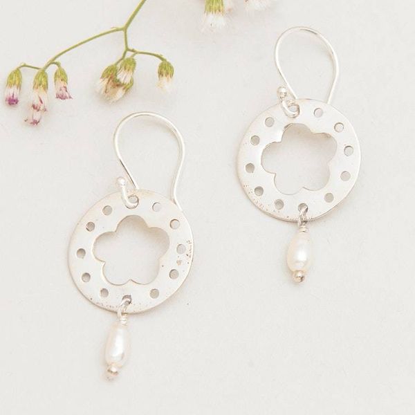 Alternate image for Floral Round Cultured Pearl Dangle Earrings from Bali Celestial Frangipani