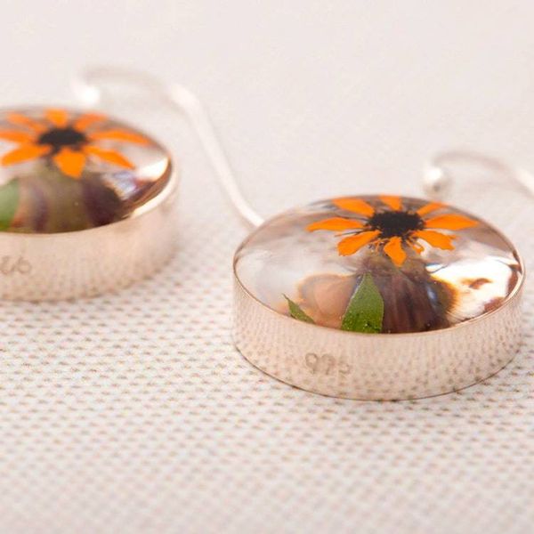 Alternate image for Real Flower Resin Dangle Earrings from Mexico Sunflower Style