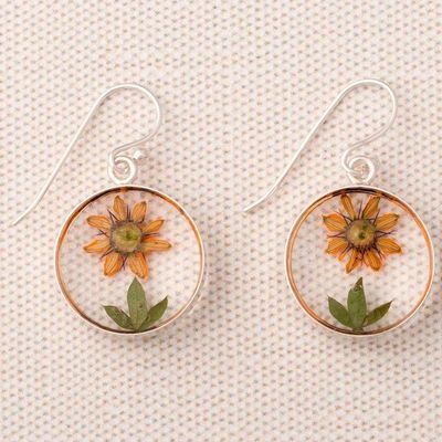 Alternate image for Real Flower Resin Dangle Earrings from Mexico Sunflower Style