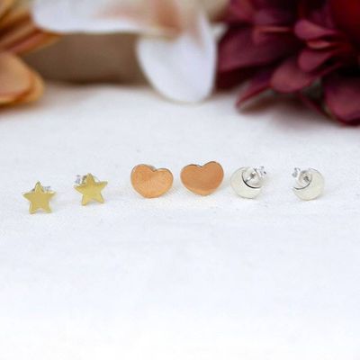 Alternate image for 3 Heart Moon Star-Themed Taxco Silver Copper Brass Earrings Three Moods